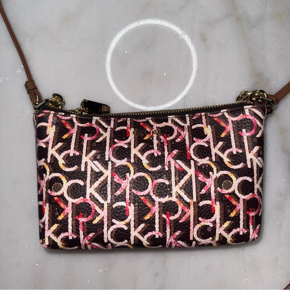 Calvin Klein Brown and Pink Clutch with Monogram Design